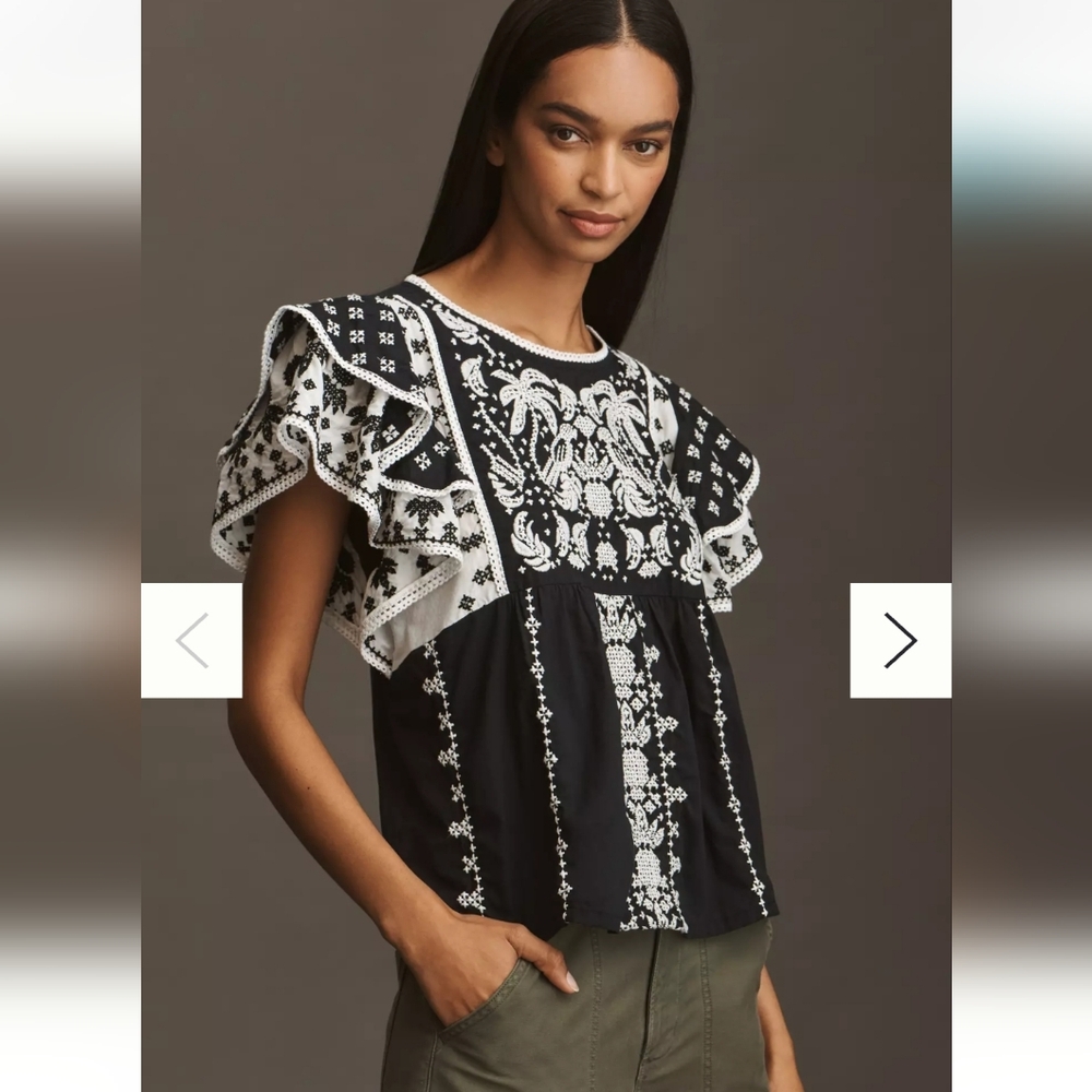 FARM Rio Black and White Embroidered Blouse